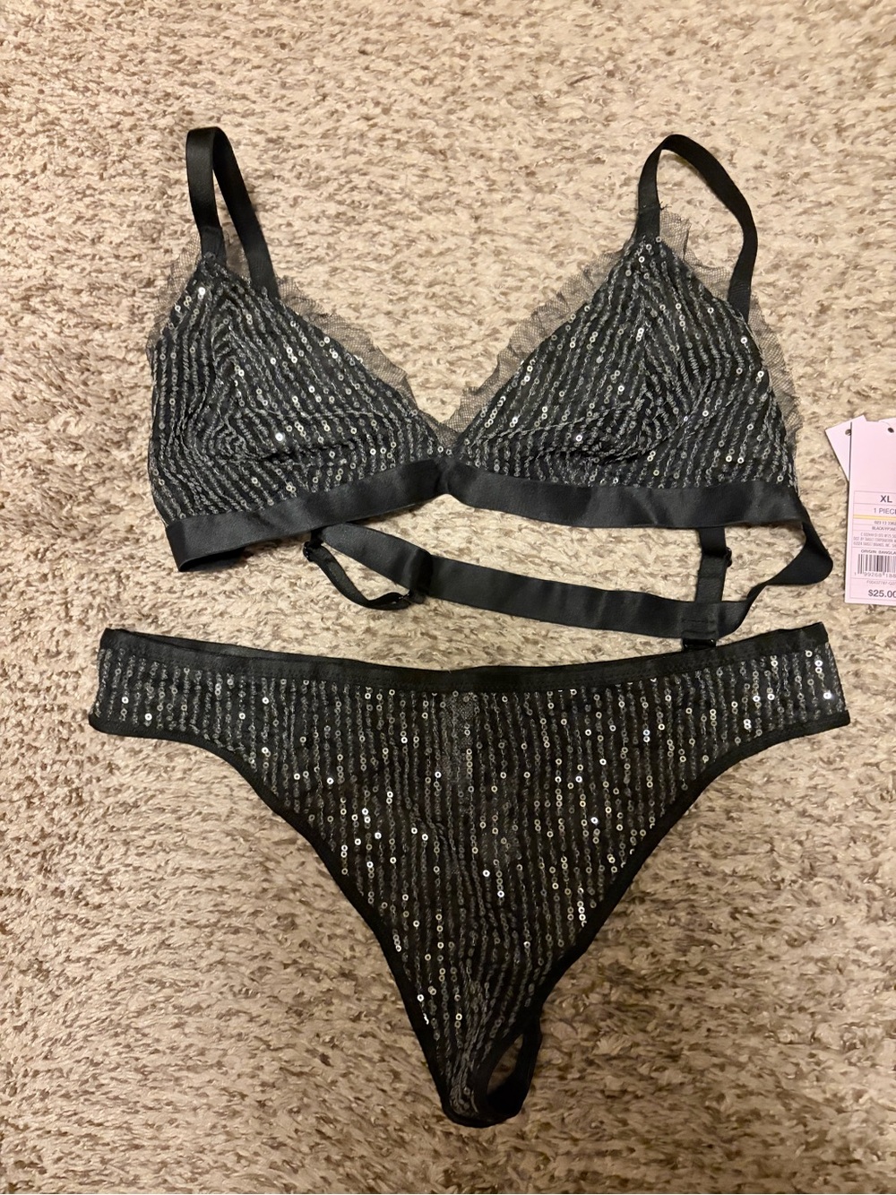 Wild Fable Black Sequin Bralette & Thong Panty Set